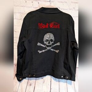 Black Skull Embellished Jean Jacket Woman's Size XL